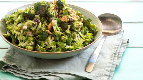 Purple sprouting broccoli served in a bowl