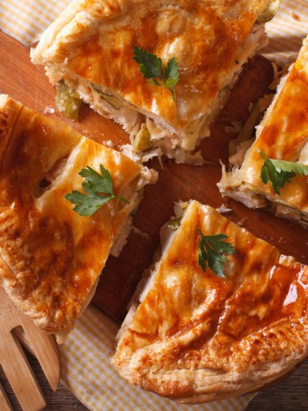 Chicken Pie served on a wooden board