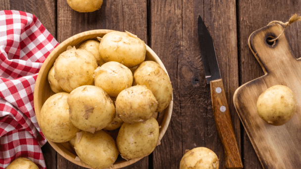 New potatoes in a bowl on a table