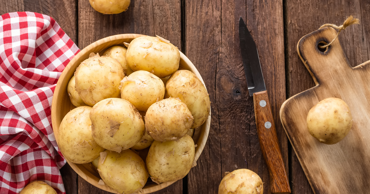 New potatoes in a bowl on a table