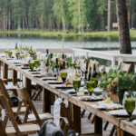 Banquet table beside a lake